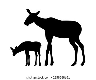 Silhouette picture. Animals in wild. Vector. Moose female with cub Elk. Isolated on white background. Vector.
