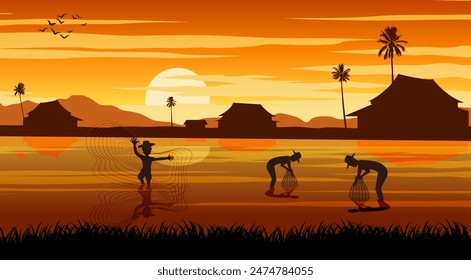 Silhouette picture of how to catching fish by southeast asia style on sunset time,vector illustration