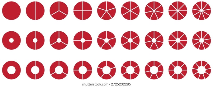 Silhouette pie chart icons. Circular pie chart segmentation icons in various split parts for infographic analytics and statistics. Flat style. Vector illustration.