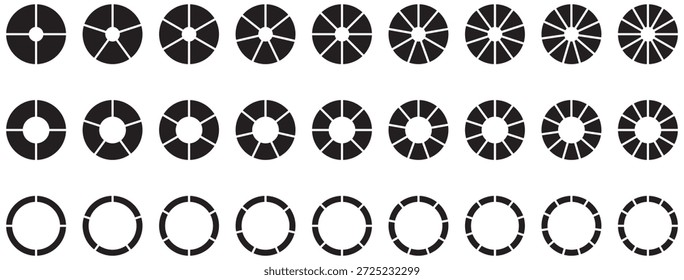 Silhouette pie chart icons. Circular pie chart segmentation icons in various split parts for infographic analytics and statistics. Flat style. Vector illustration.