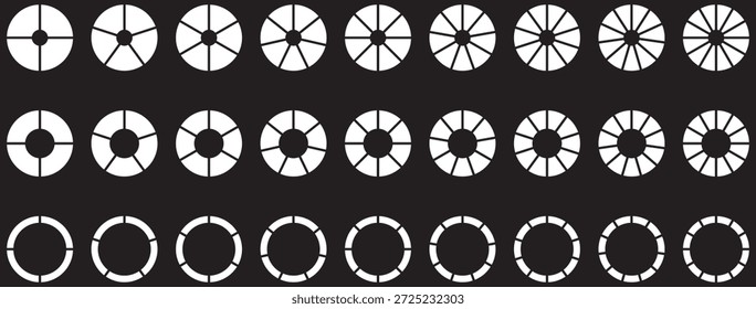 Silhouette pie chart icons. Circular pie chart segmentation icons in various split parts for infographic analytics and statistics. Flat style. Vector illustration.