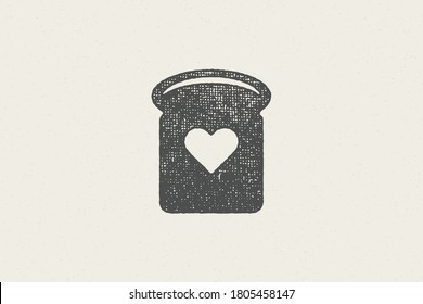 Silhouette of piece of bread with heart designed as logo of bakery hand drawn stamp effect vector illustration. Vintage grunge texture for packaging and menu design or label decoration.