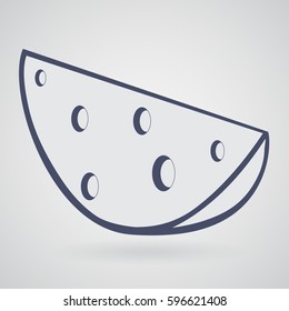 Silhouette of a piece of round Swiss and Dutch cheese with holes on a light gray background. Under the slice of cheese is a shadow.