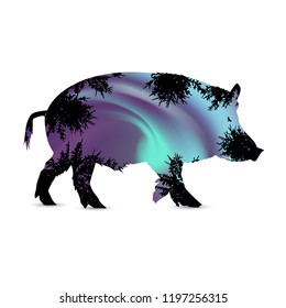 Silhouette of pig with blue northern lights in sky and branches of trees.