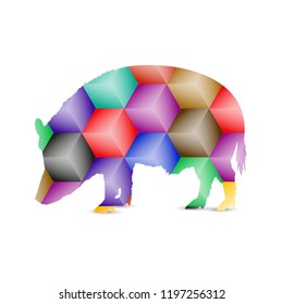 Silhouette of pig with colorful background of many blocks.