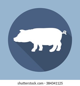 Silhouette of pig. Round flat vector icon  with long shadow. EPS 10.
