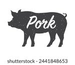 Silhouette of a pig with a text Pork, side view. Vector illustration isolated on white background