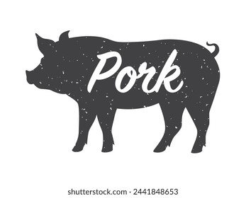 Silhouette of a pig with a text Pork, side view. Vector illustration isolated on white background