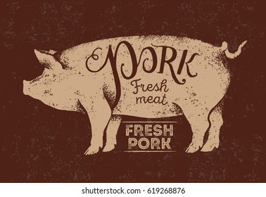 Silhouette of a piglet in a graphic style and inscriptions, pork label.