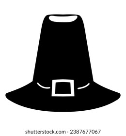 Silhouette of pilgrim hat, element of Thanksgiving day festive table decoration. Pilgrim headdress contour holiday symbol. Simple black shape vector icon isolated on white background