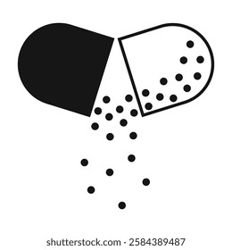 Silhouette, pill capsule icon open, medicine pouring out. One half black, the other half outline. Vector, transparent background