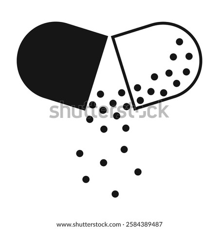 Silhouette, pill capsule icon open, medicine pouring out. One half black, the other half outline. Vector, transparent background
