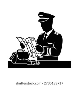 Silhouette des Piloten studieren Flugkarte mit Navigationstools auf dem Tisch