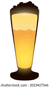 Silhouette of a pilsner glass and froth with bubbly and glowing beer, isolated over white background.