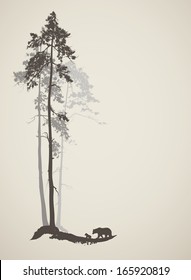 silhouette of a pine forest with bears, vector illustration