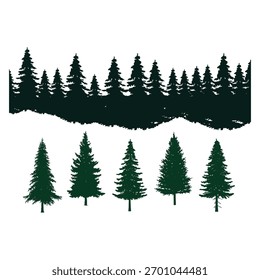 Silhouette Pine Forest Christmas Tree Clipart Collection. Unique Design - Isolated on white background