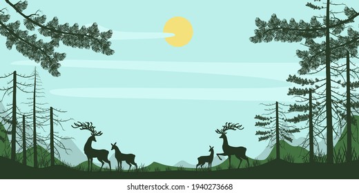 Silhouette de pinar y ciervo en la mañana. Ilustración vectorial sobre la puesta de sol.