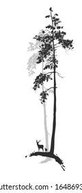 silhouette of a pine forest with deer, white background, vector illustration, black and white