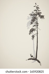silhouette of a pine forest with deers, vector illustration