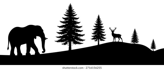 Silhouette von Kiefernwald mit Elefanten und Hirschen