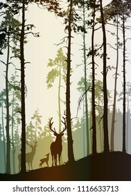 silhouette of a pine forest with a family of deer, vector illustration