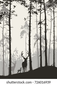 silhouette of a pine forest with a family of deer and birds, brown colors, vector illustration