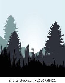 Silhouette of a pine forest with grass and mountain layers in the background. Peaceful natural scenery at dusk, perfect for backgrounds, posters, or outdoor themes.