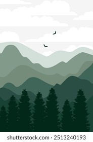 Silhouette of pine tree forest in the mountains. Aesthetic green landscape 2d illustration