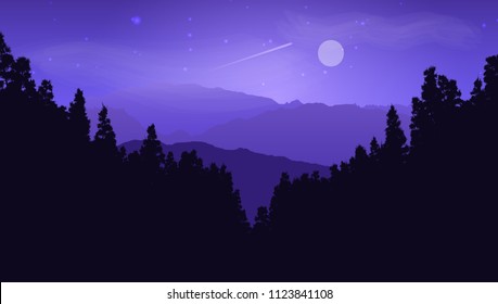 Silueta de un paisaje de pinos contra un cielo iluminado por la luna
