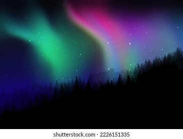 Silhouette of a pine tree landscape against a starry night sky with northern lights