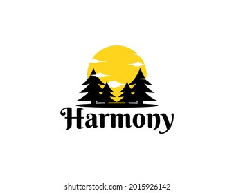 Silhouette pine tree logo with sunset design template. Urban adventure logo concept for camping, hiking, climbing or holidays