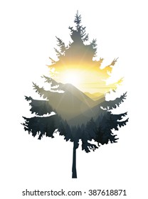 Silhouette of pine tree with mountains panorama. Colorful sunset in wild valley. Eps 10.