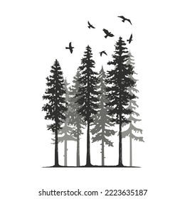 Silhouette de pinos y aves Aisladas en una ilustración vectorial de fondo blanco