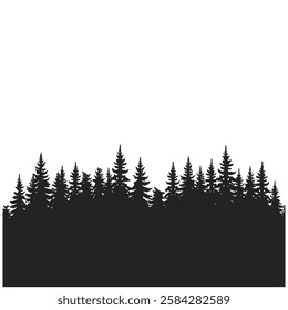 silhouette of pine trees, forest skyline, black and white illustration.