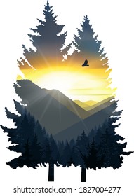Silhouette of pine trees with mountains panorama.  