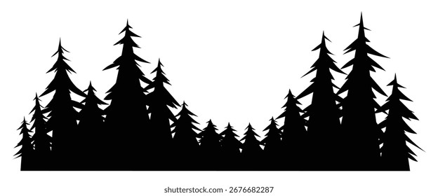 Silhueta de pinheiros com pontas afiadas, formando uma borda de floresta densa. Ilustração de desenho animado vetorial