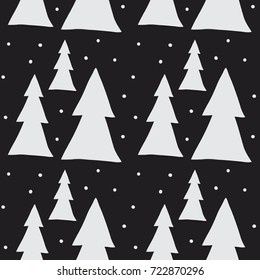 Silhouette of pine trees with snowflake dots seamless pattern. Christmas tree texture in black and white. Stylish decorative vector background for print, textile, web, or any use. 