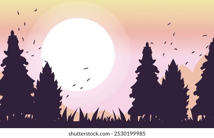 Silhouette of Pine Trees at Sunset with Birds Flying - Vector Illustration, Tranquil Forest at Dusk with Full Moon and Flying Birds - Minimalist Art, Sunset Over Pine Forest with Birds in the Sky 