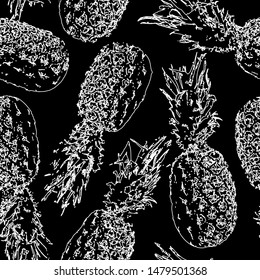 Silhouette pineapple. Seamless pattern. Tropical fruit background. Exotic design. Trendy print. Modern stylish texture. Black and white pattern. Summer design with hand drawn pineapple. Sketch print