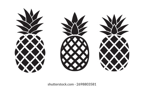 Silhouette pineapple vector icon set in minimalist style, perfect for tropical themes, summer designs, exotic fruit illustrations, food branding, and nature-inspired graphics.