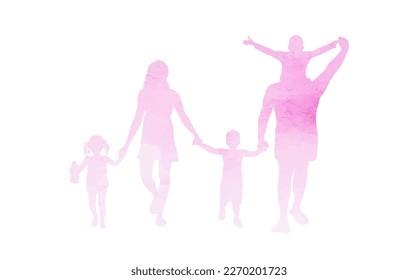 Silhouette of a pink color family holding hands. Watercolor large happy family. Vector illustration