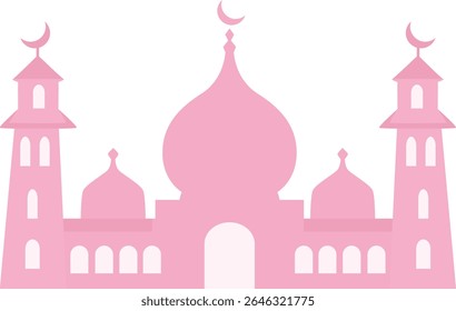 Silhouette of a pink mosque with domes and crescent. Suitable for Islamic design projects, mosque posters, and festive religious visual content.