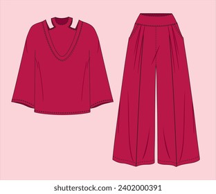 SILHOUETTE PINTUCKS  TROUSER AND WOMEN LONG SLEEVES WOVEN TOP FOR FLAT SKETCH TECHNICAL DRAWING VECTOR ILLUSTRATION TEMPLATE