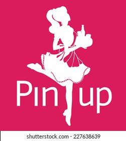 Silhouette of pin-up retro waitress girl running with order on pink background with words pin up