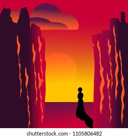 The silhouette of a pioneer woman stands in a Western sunset  setting in a minimalist landscape illustration.