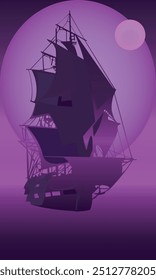 Silhouette of a pirate ship against the background of the moon in purple tones for your designs in a mystical nautical style