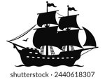 Silhouette of a Pirate Ship, Pirate boats and Old different Wooden Ships with Fluttering Flags
