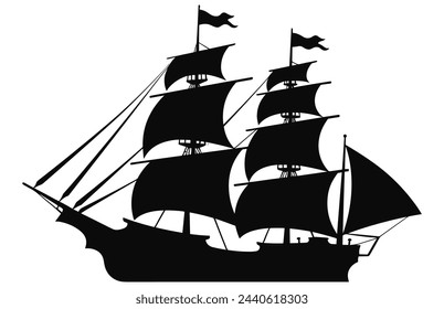 Silhouette of a Pirate Ship, Pirate boats and Old different Wooden Ships with Fluttering Flags
