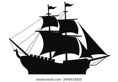 Silhouette of a Pirate Ship, Pirate boats and Old different Wooden Ships with Fluttering Flags
