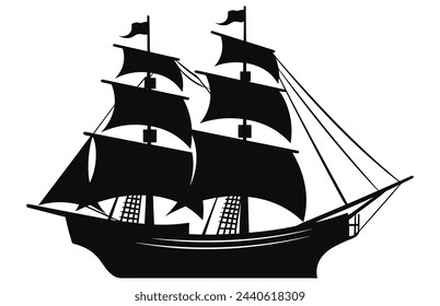 Silhouette of a Pirate Ship, Pirate boats and Old different Wooden Ships with Fluttering Flags
